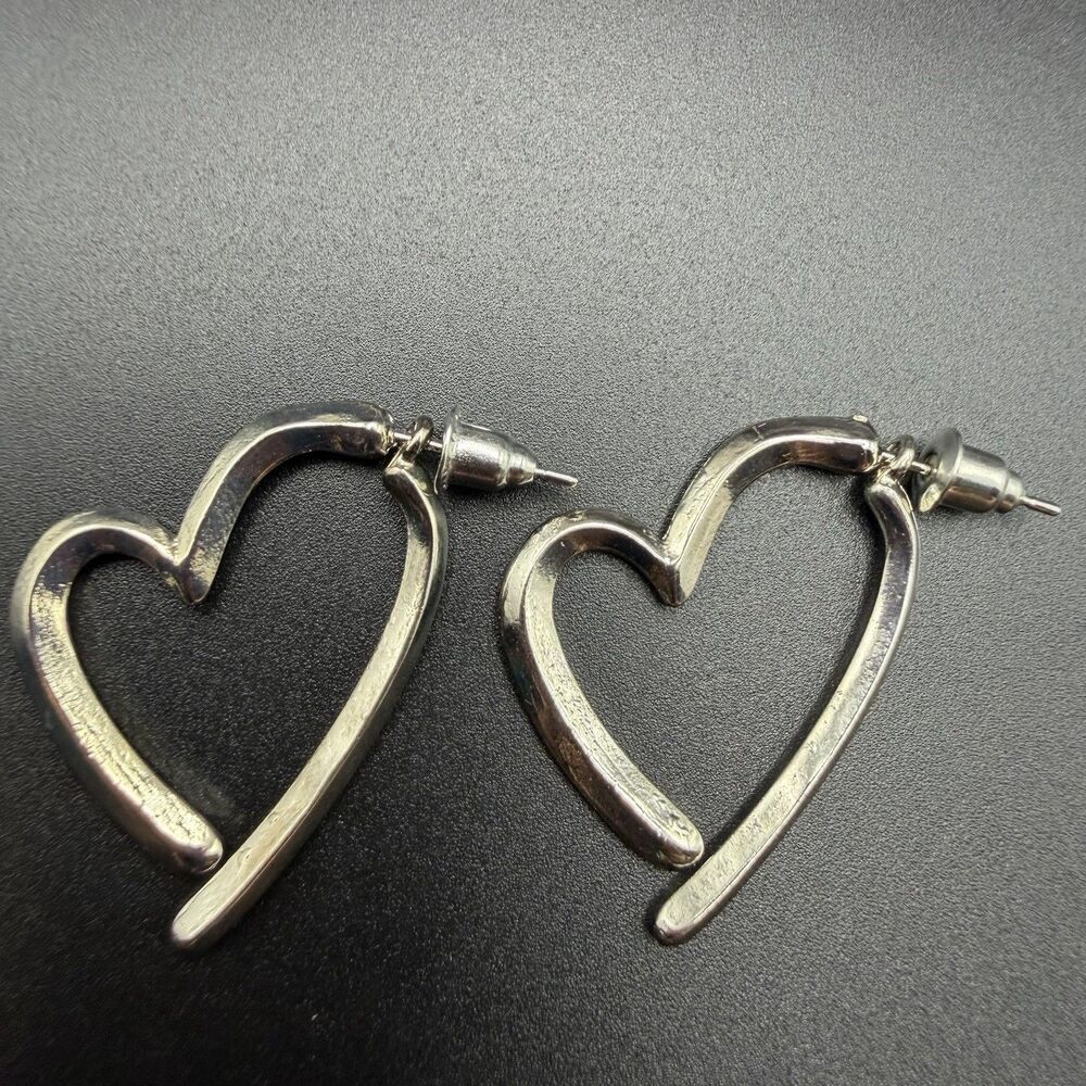 Vintage Silver Tone Open Heart Hoop Dangle Earrings Pierced Post Chunky Retro